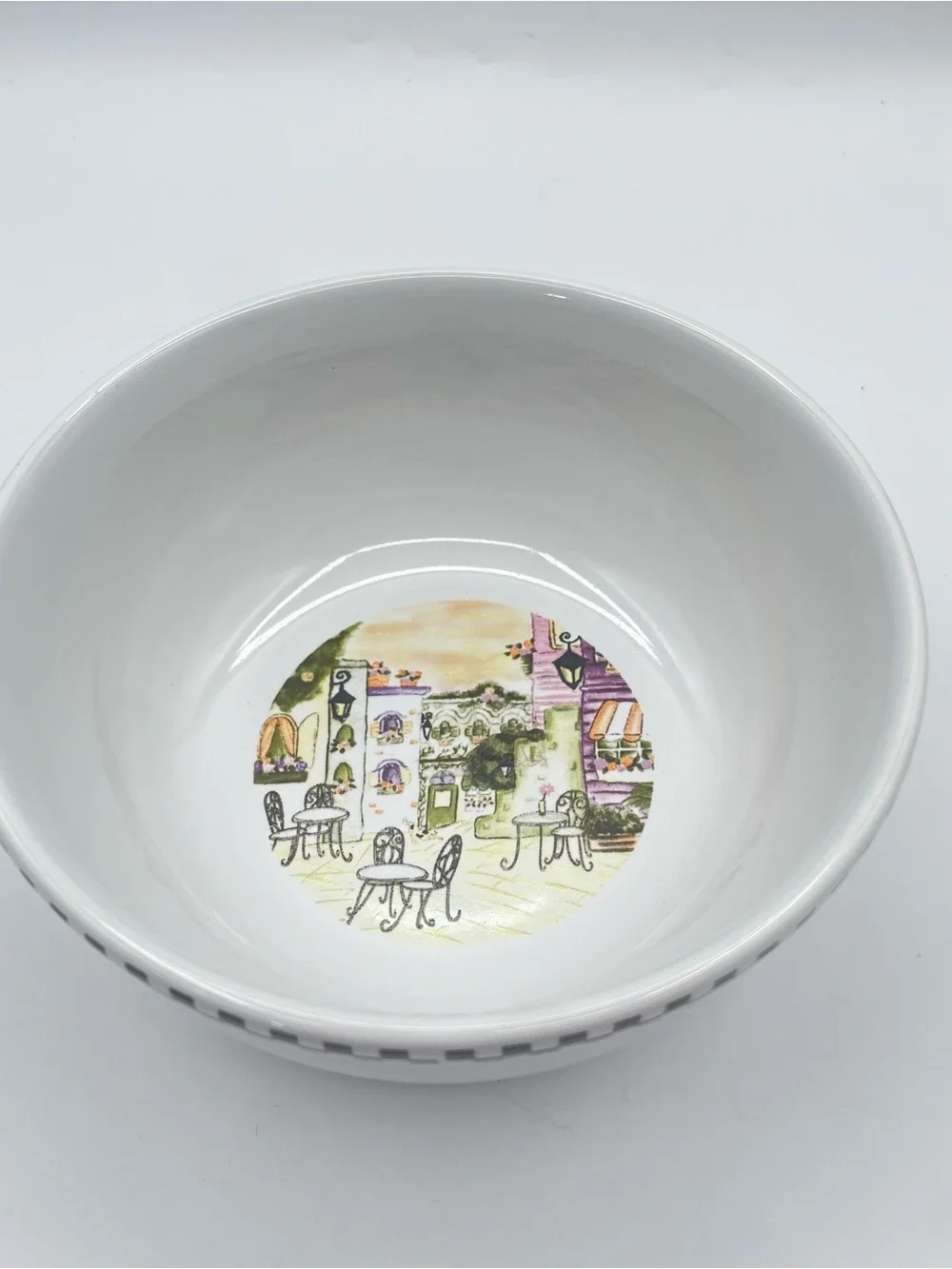 Set of 4 Bistro Cafe Scene Soup Bowls  6” Wide Black Check Border Ceramic